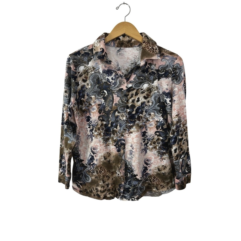 Soft Surroundings Rhinestone Gem Wild Side Shirt Womens Large Long Sleeve 2AG13